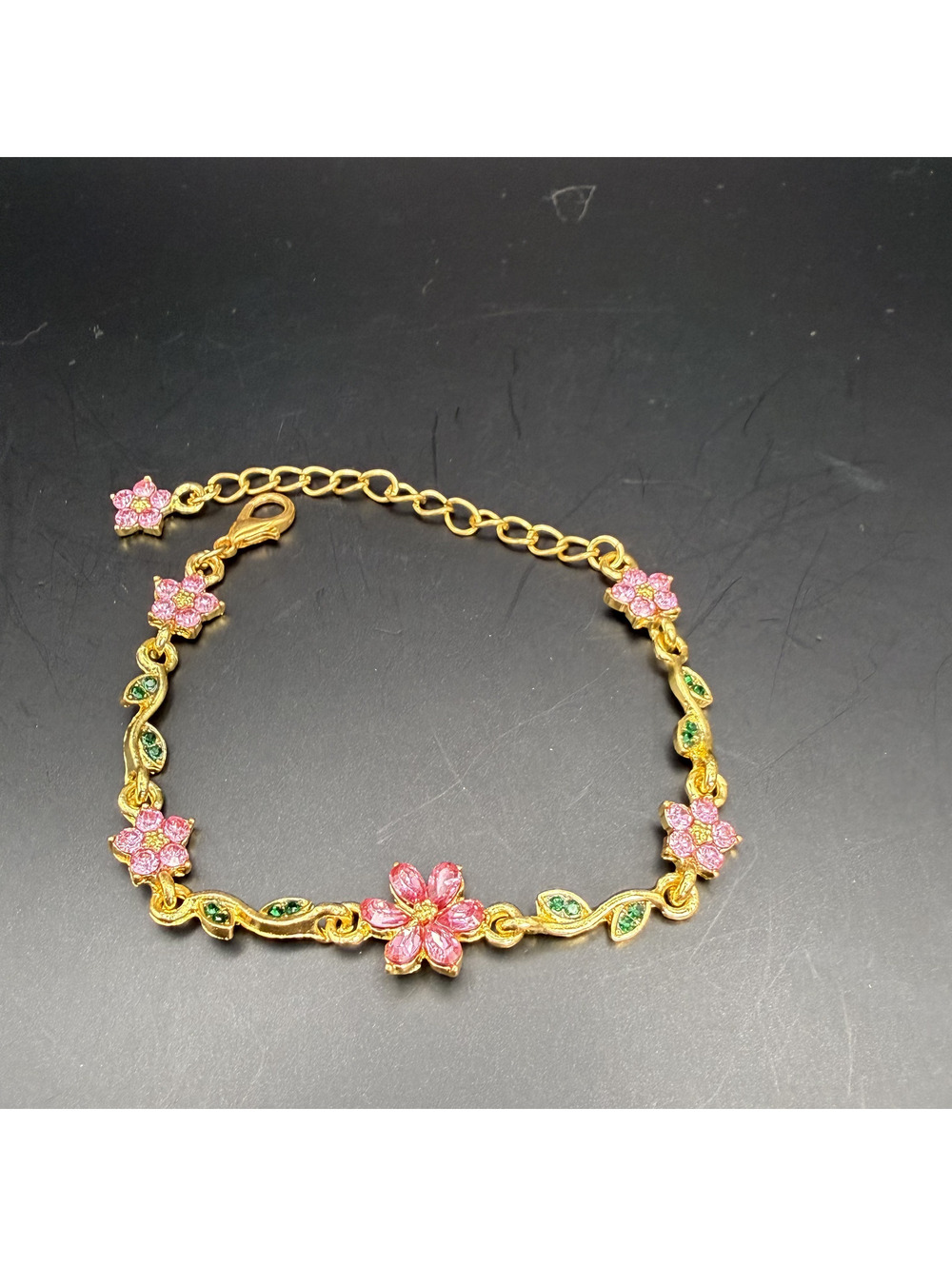 candy+clover pink flower and vine gold tone bracelet